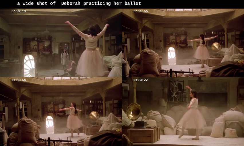 a wide shot of Deborah practicing her ballet